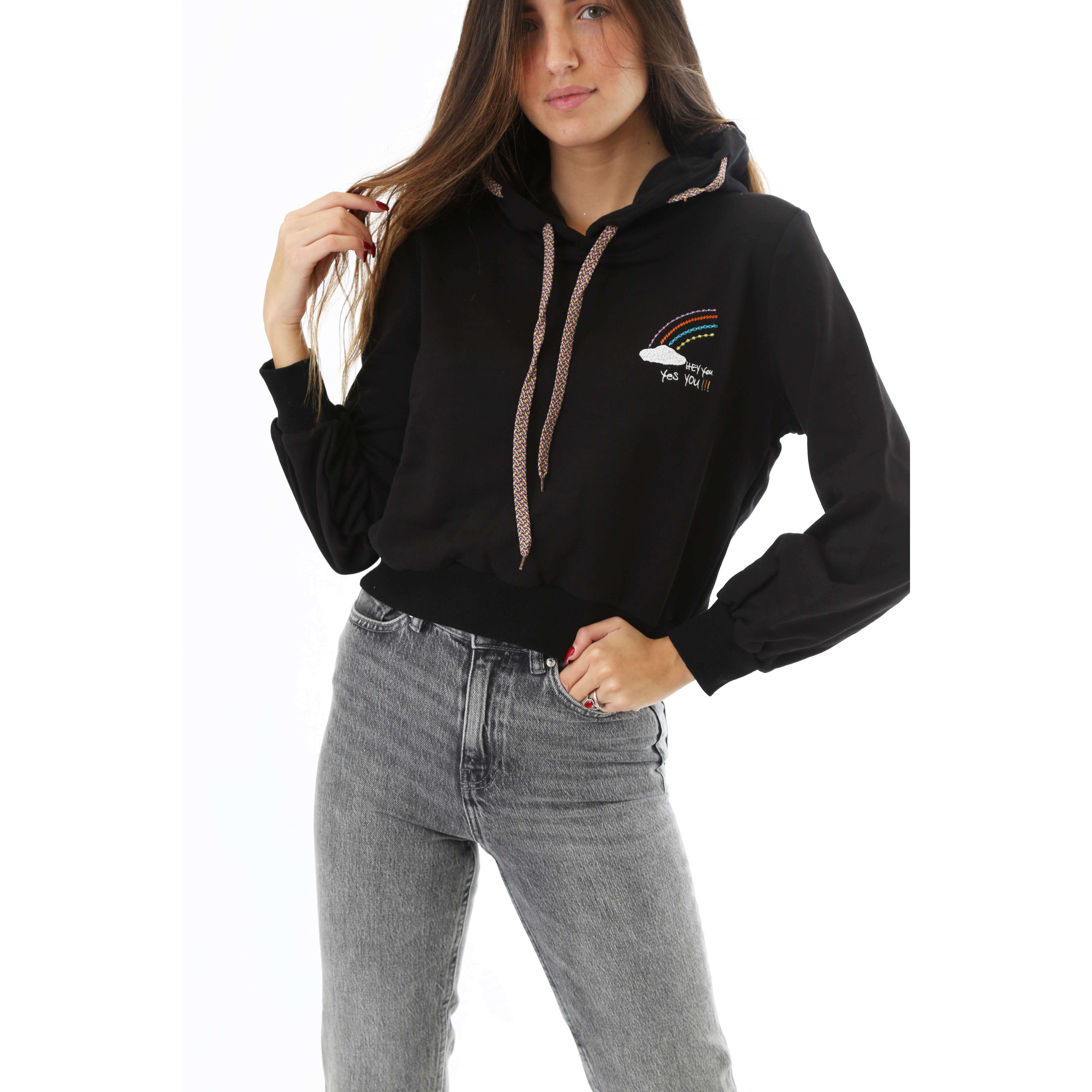 Fabrik London Donna Felpa Con Cappuccio Hooded Sweatshirt Rainbow Black