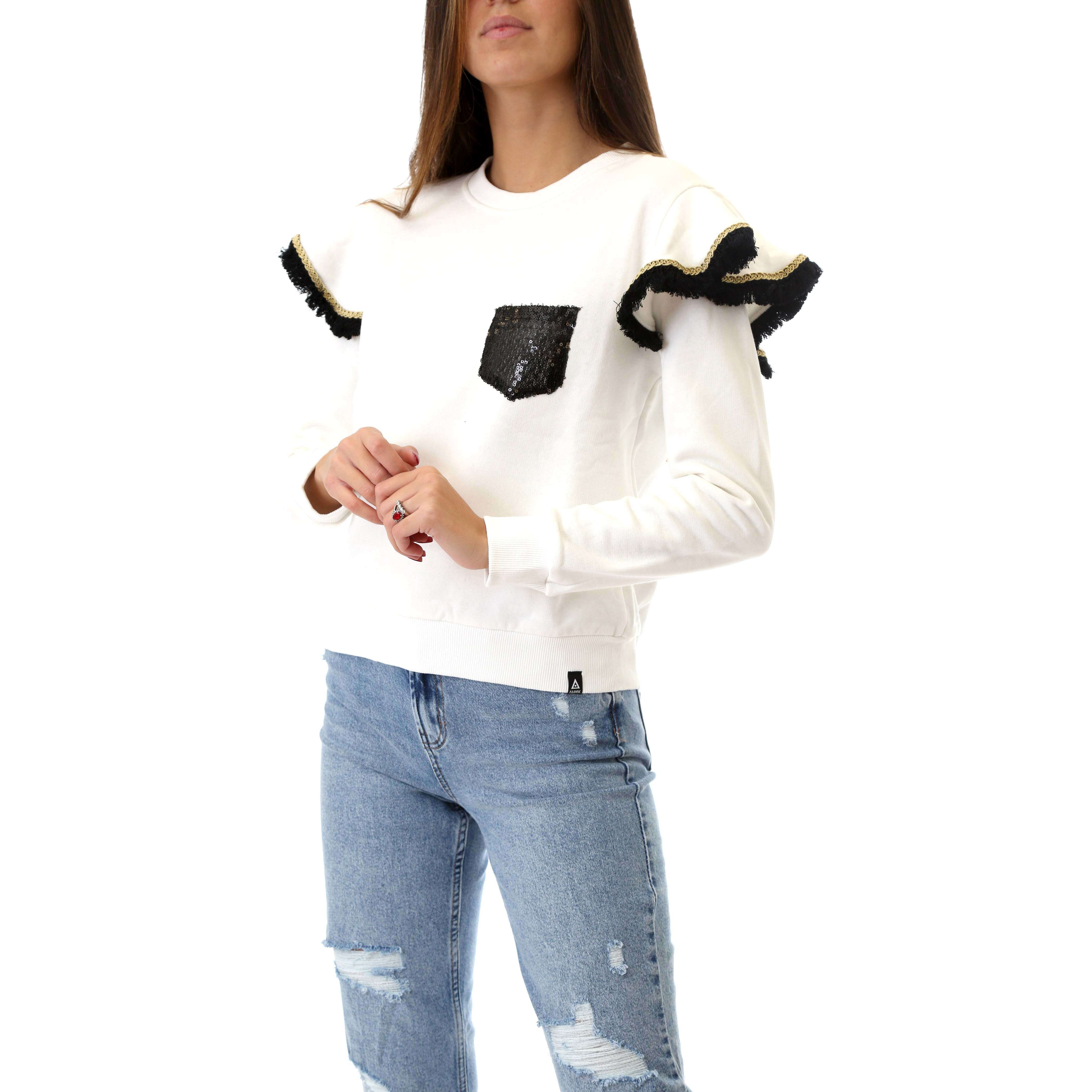 Fabrik London Donna Felpa Sweatshirt Girocollo Con Rouches Gloria White