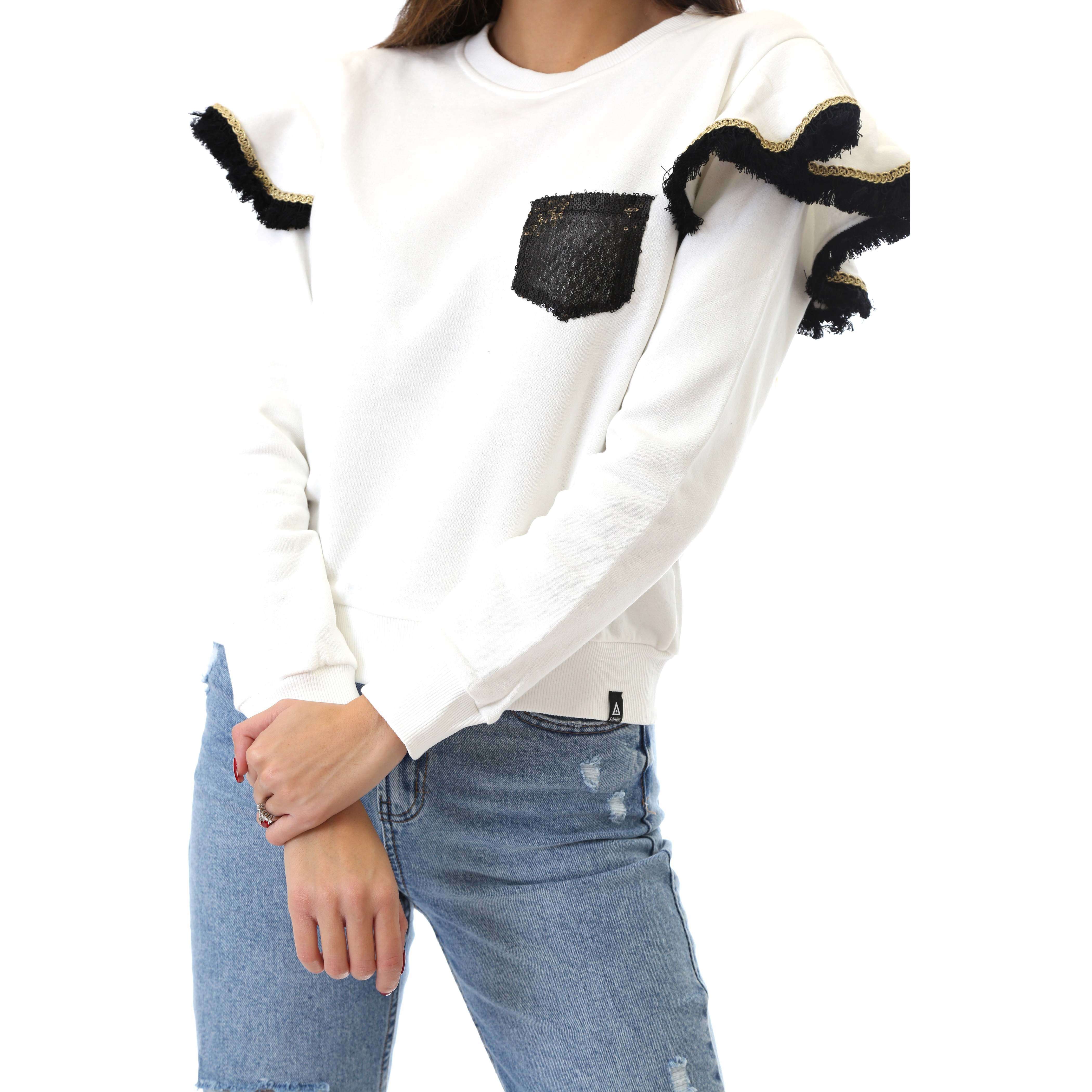 Fabrik London Donna Felpa Sweatshirt Girocollo Con Rouches Gloria White