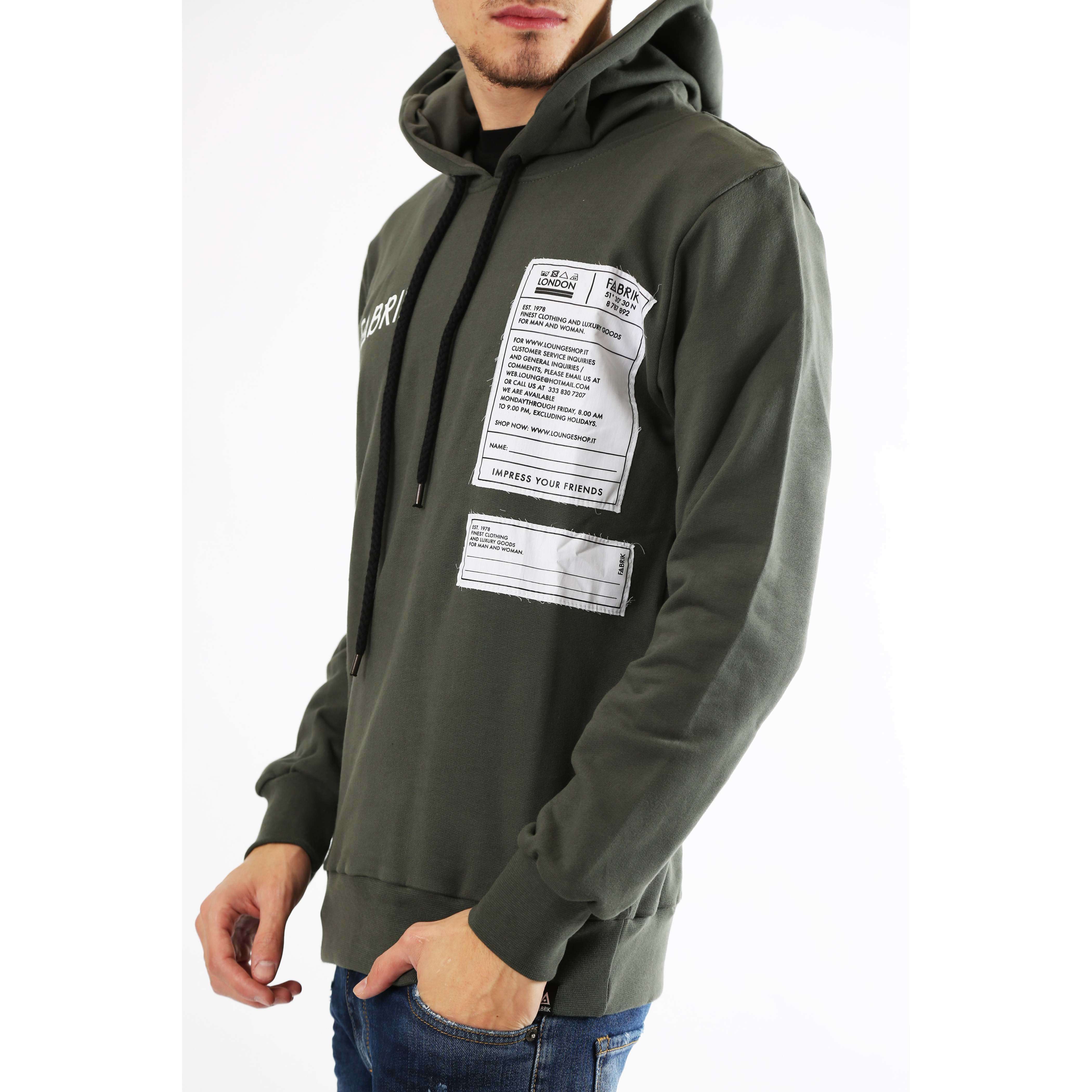 Fabrik London Uomo Felpa Manica Lunga Con Cappuccio e Toppe Sweatshirt Patchwork Green