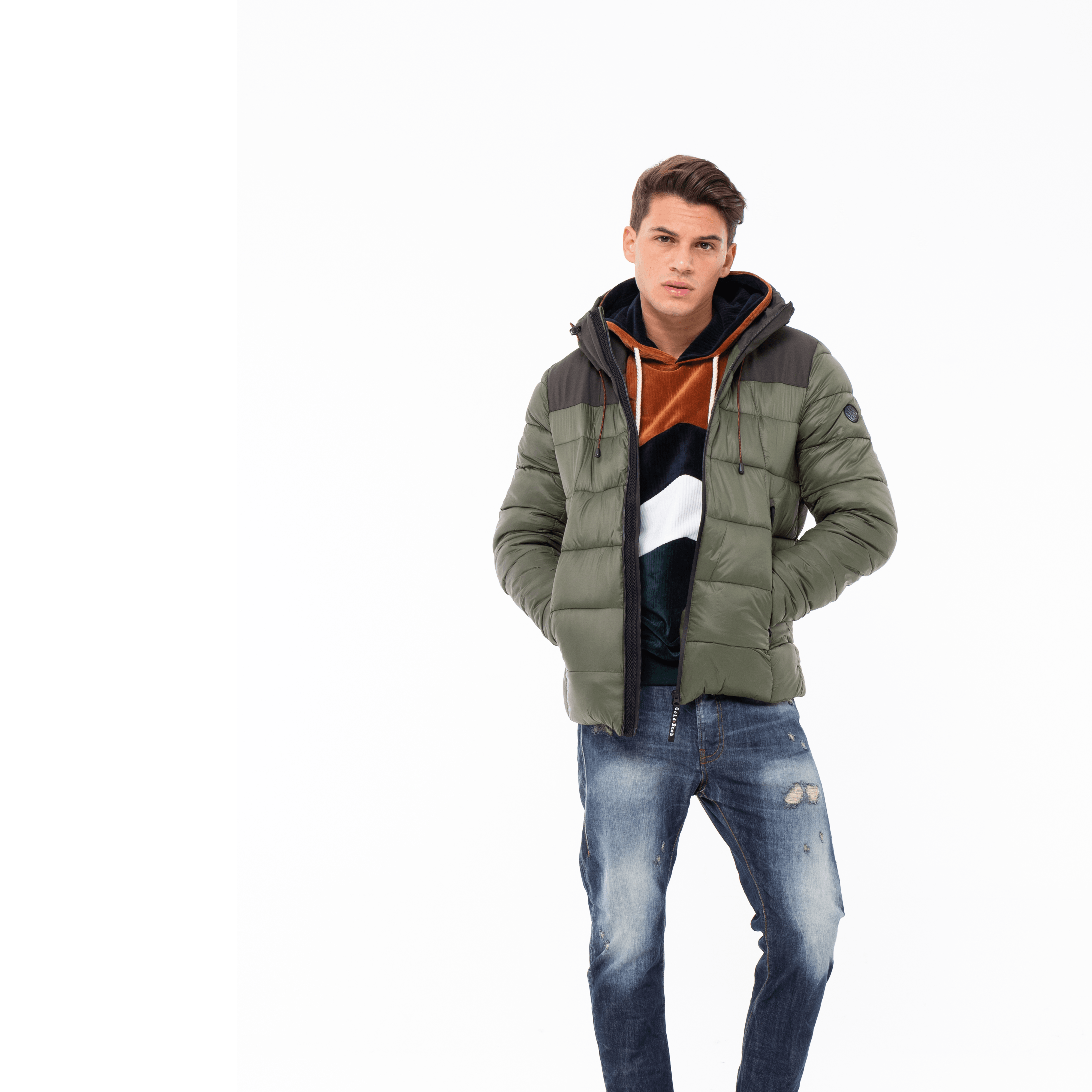 Gold Rush Uomo Giubbino Piumino Imbottito Con Cappuccio Hooded Winter Jacket Green