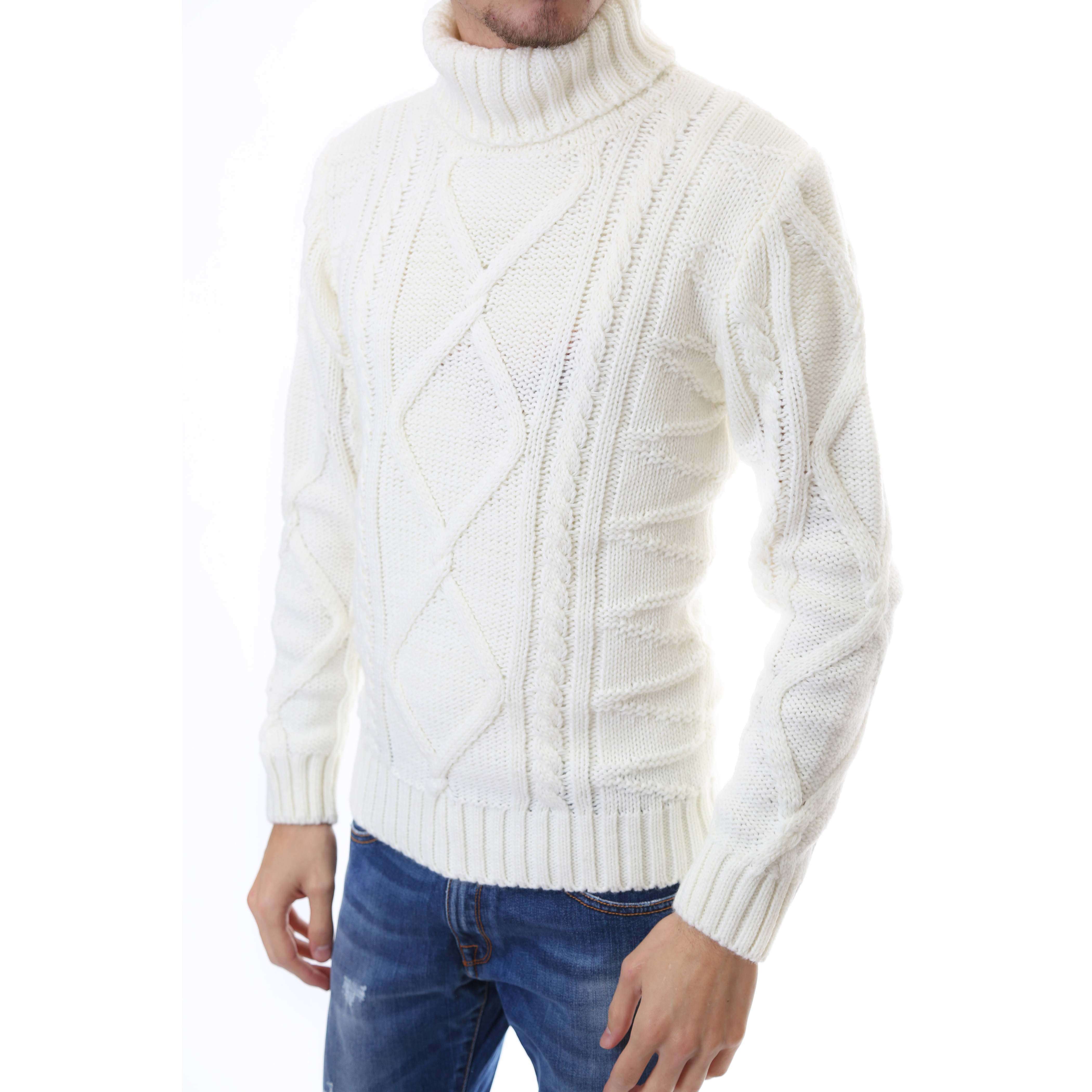 Gold Rush Uomo Maglia Pullover Intrecciato High Neck White