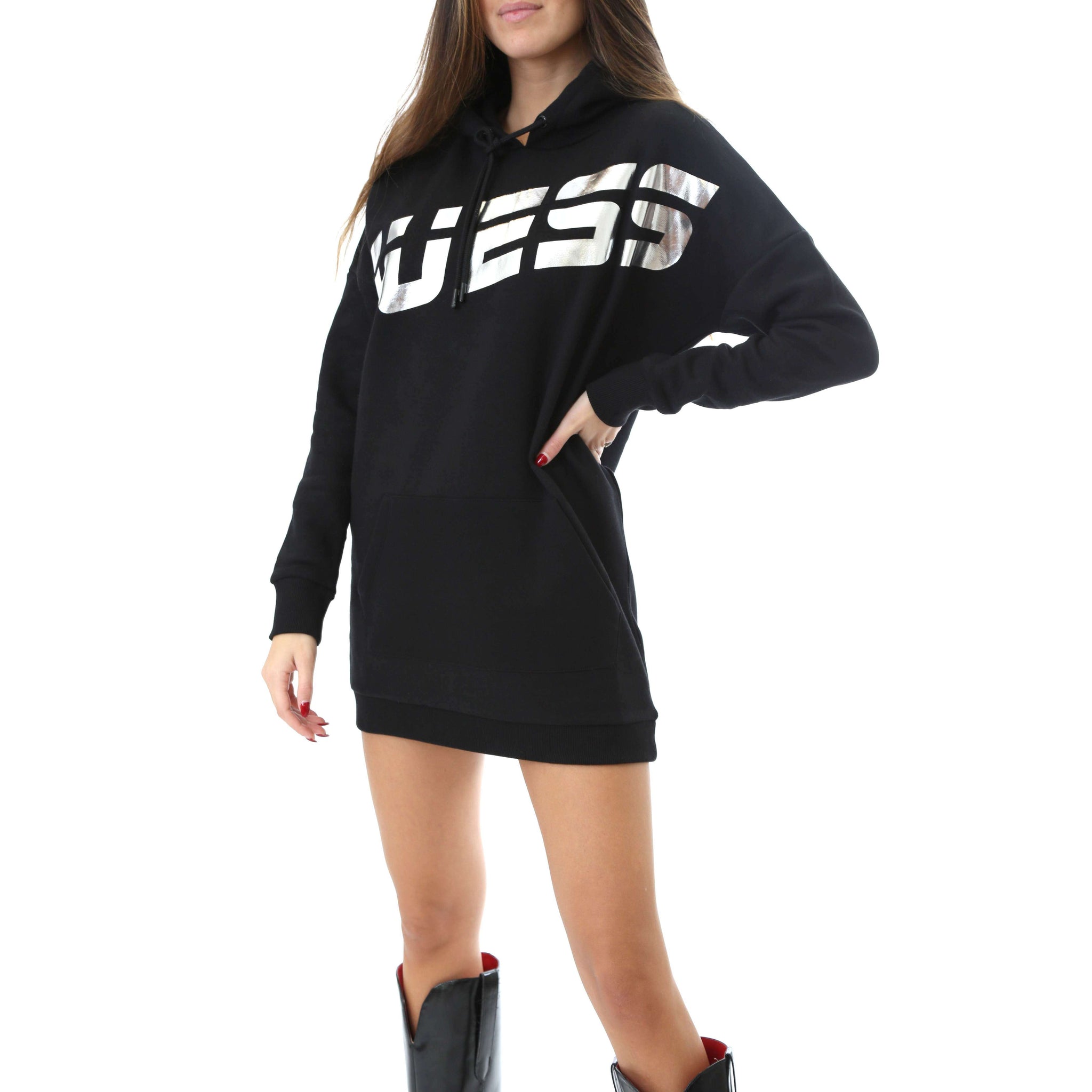 Guess Donna Abito Felpa Manica Lunga Con Cappuccio Hooded Sweatshirt D