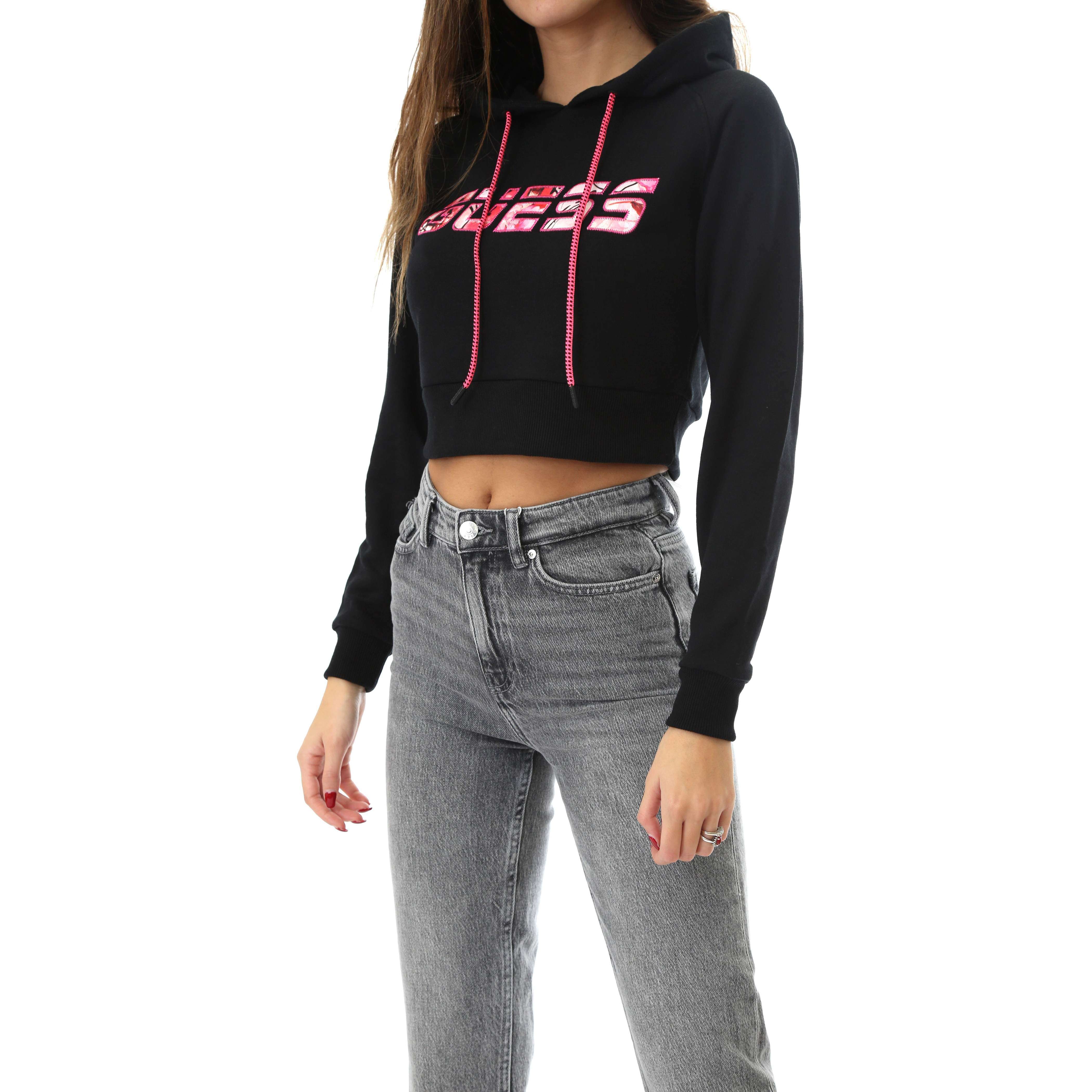 Guess Donna Felpa Corta Manica Lunga Hooded Cropped Sweatshirt Logo Pink