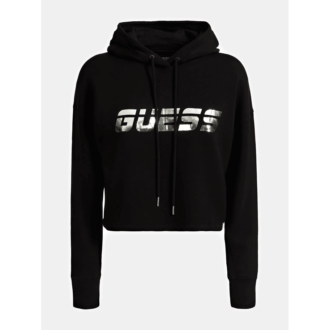 Guess Donna Felpa Sweatshirt Manica Lunga Con Cappuccio Logo Scuba Black