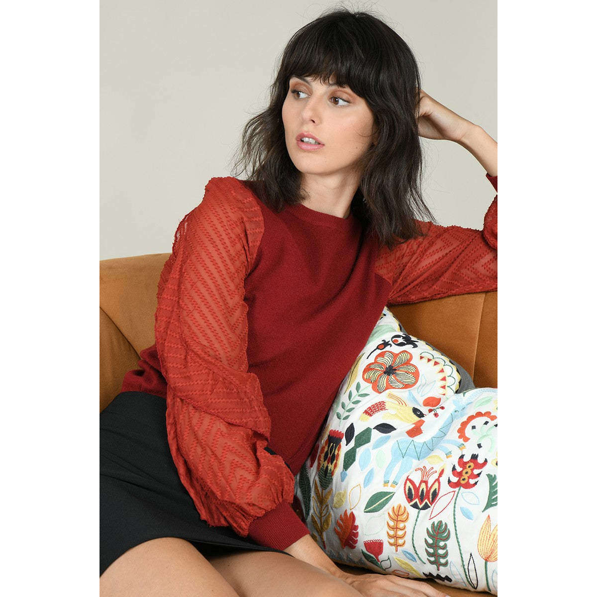 Molly Bracken Donna Maglia con Maniche a Palloncino con Rouches Trasparente Rocket