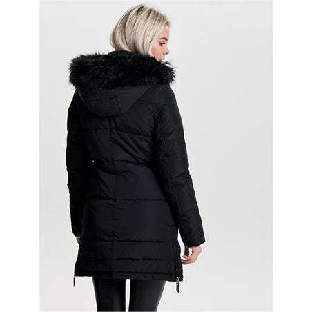 Only Donna Piumino Imbottito Puff Jacket Con Cappuccio In Pelliccetta Eco Faux Fur Black