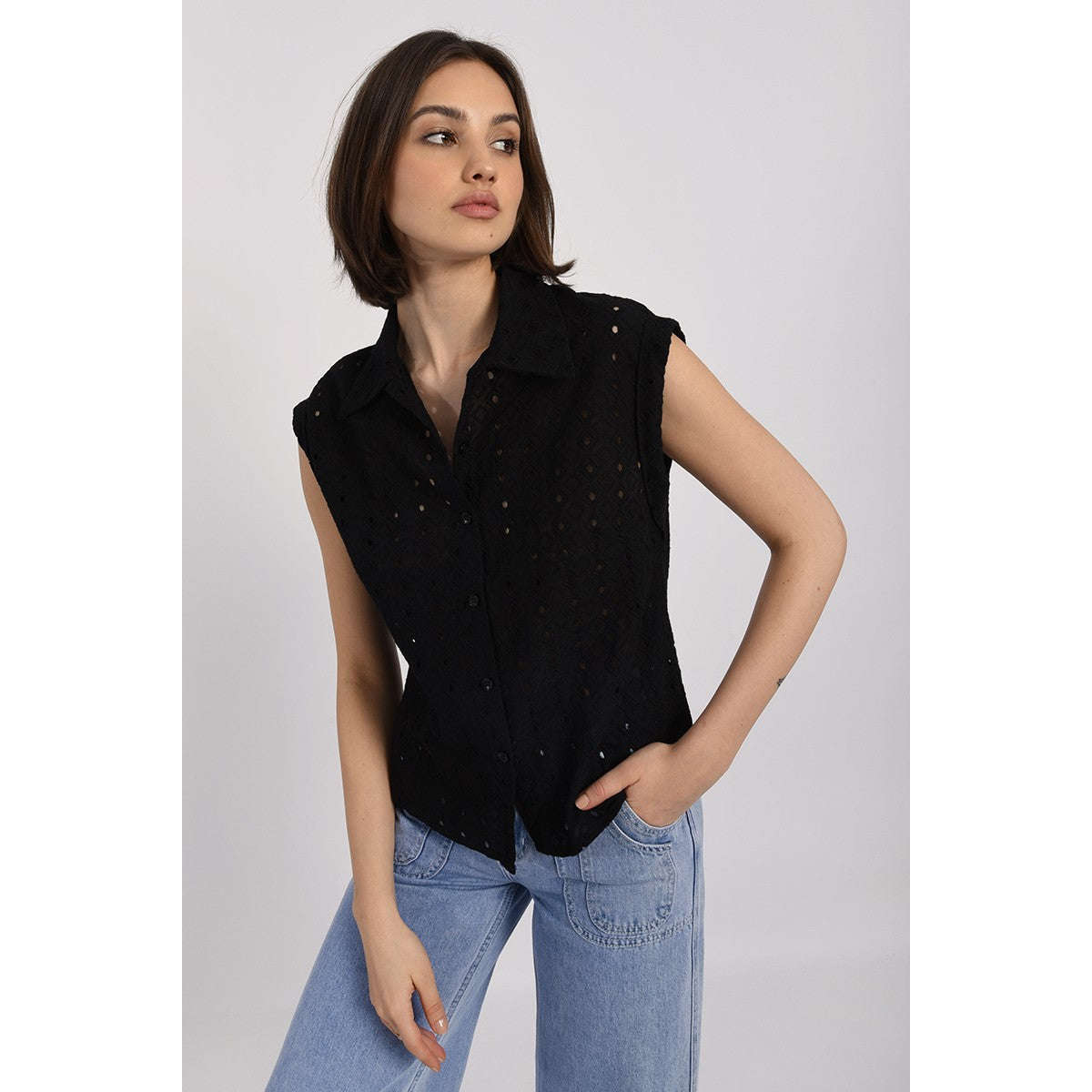 Molly Bracken Donna Camicia Smanicata Pizzo Nera LAR164BP