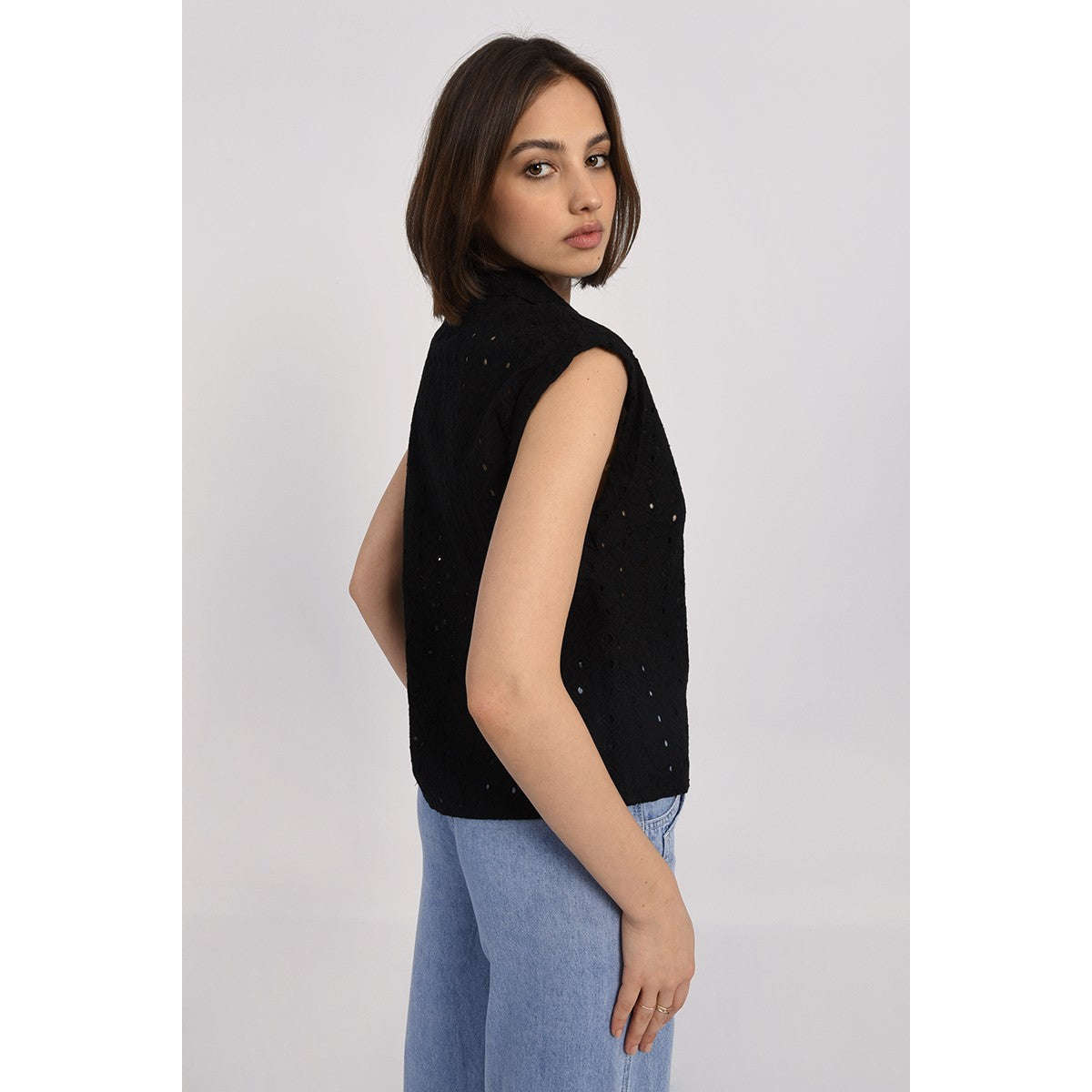 Molly Bracken Donna Camicia Smanicata Pizzo Nera LAR164BP