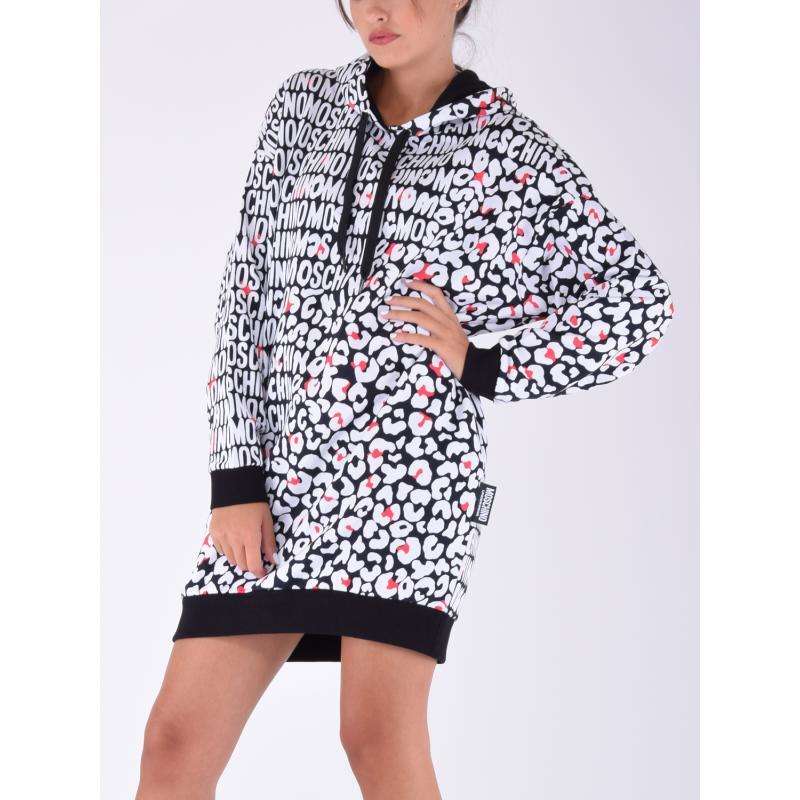 Moschino Donna Vestito Felpa Manica Lunga Fantasia Logo Black&White