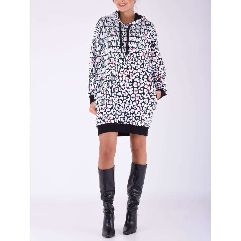 Moschino Donna Vestito Felpa Manica Lunga Fantasia Logo Black&White
