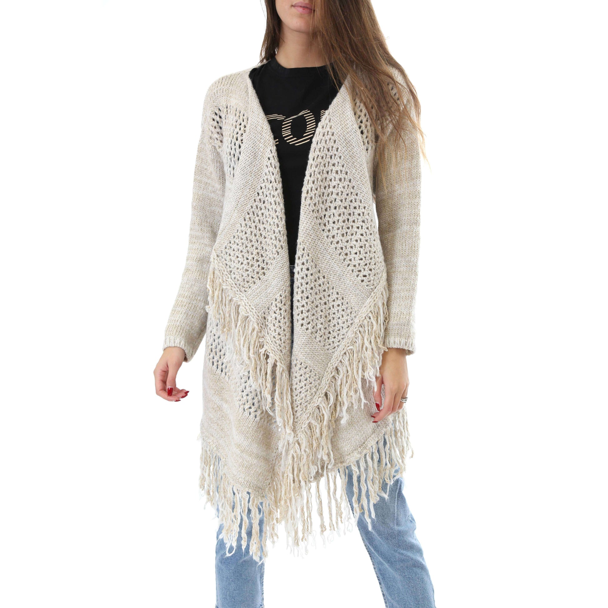 Fabrik London Donna Cardigan Effetto Intrecciato Frange Harca Beige