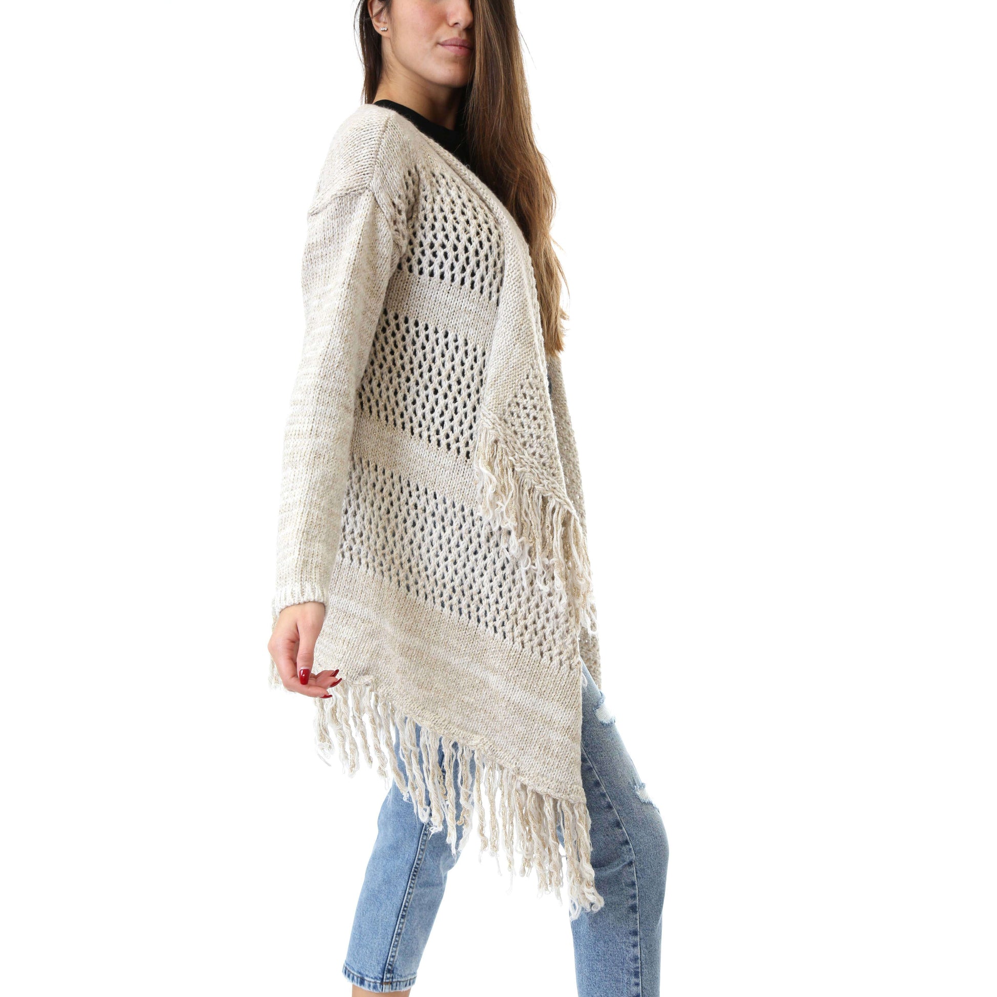 Fabrik London Donna Cardigan Effetto Intrecciato Frange Harca Beige