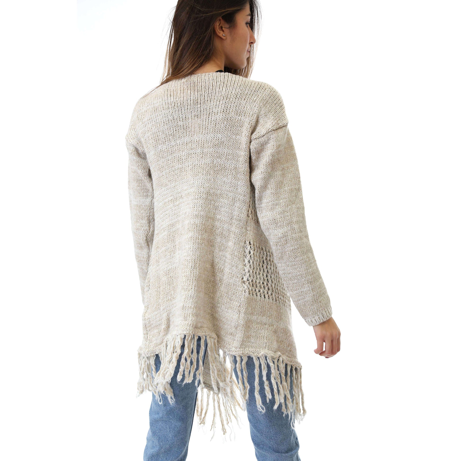 Fabrik London Donna Cardigan Effetto Intrecciato Frange Harca Beige