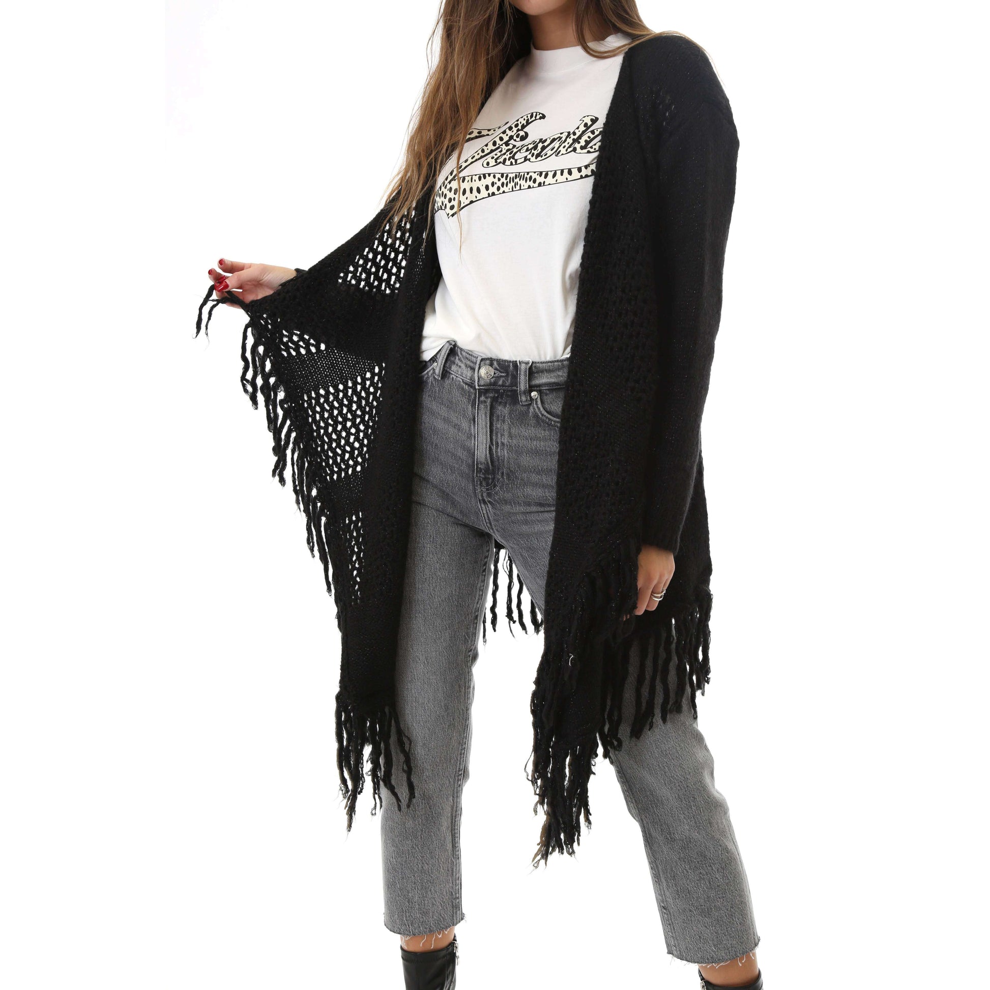 Fabrik London Donna Cardigan Effetto Intrecciato Frange Harca Black