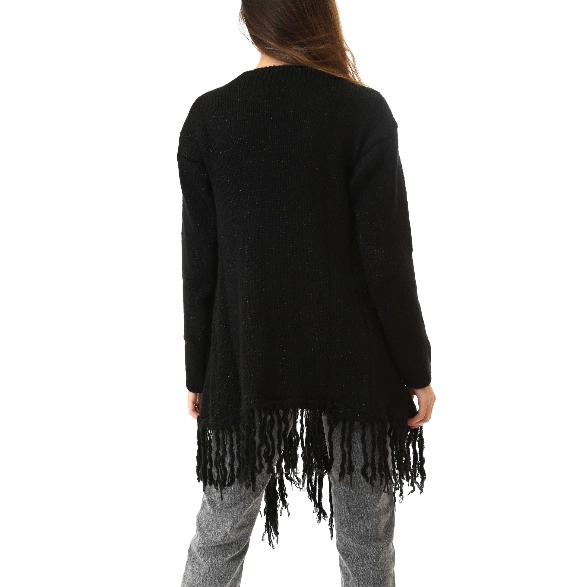 Fabrik London Donna Cardigan Effetto Intrecciato Frange Harca Black