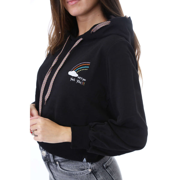 Fabrik London Donna Felpa Con Cappuccio Hooded Sweatshirt Rainbow Black