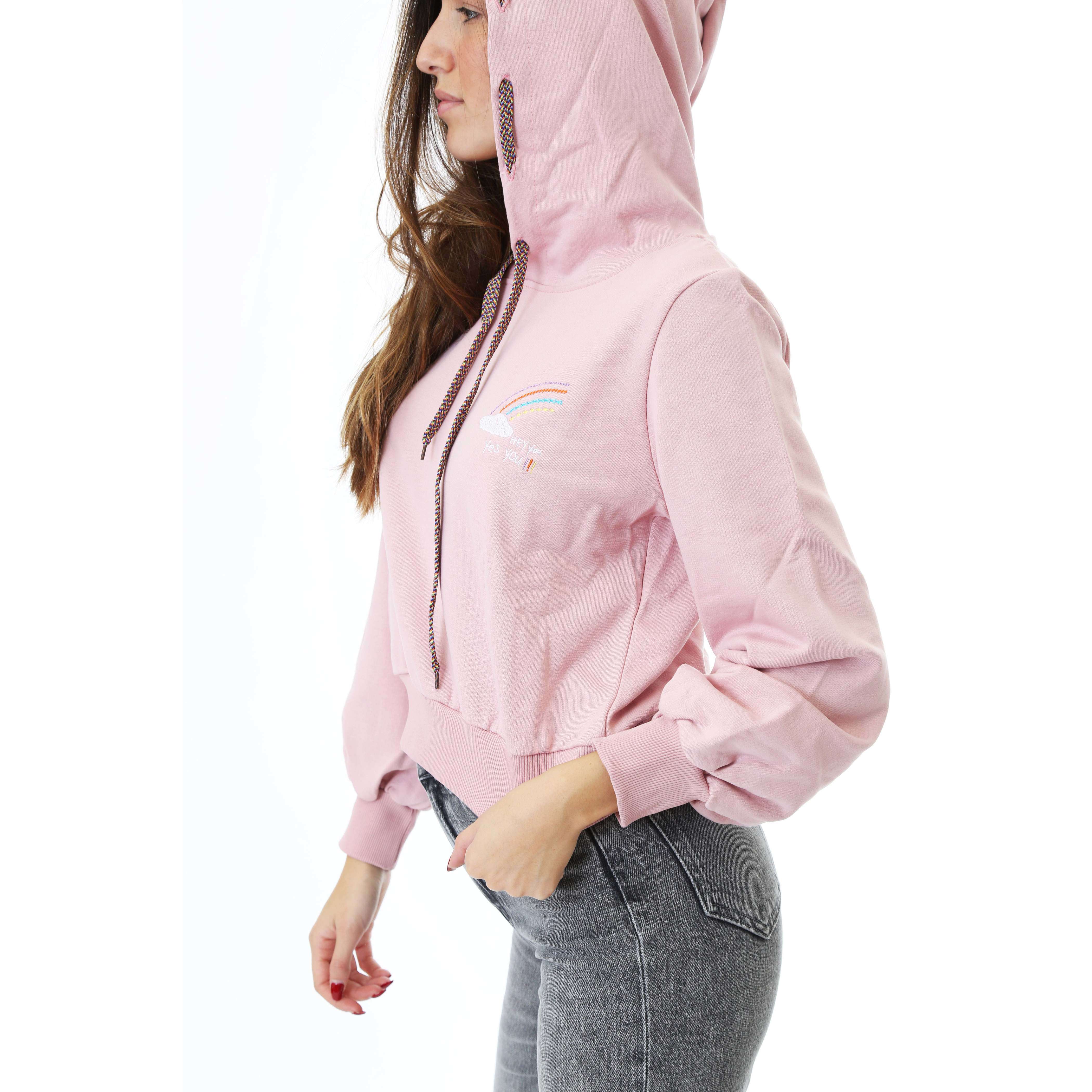Fabrik London Donna Felpa Con Cappuccio Hooded Sweatshirt Rainbow Pink