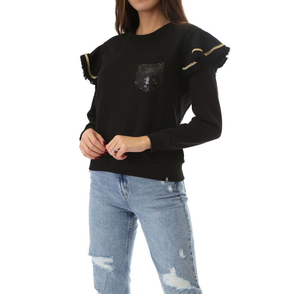 Fabrik London Donna Felpa Sweatshirt Girocollo Con Rouches Gloria Black