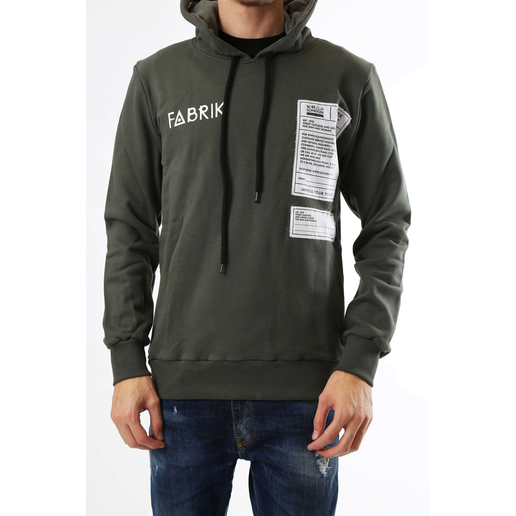 Fabrik London Uomo Felpa Manica Lunga Con Cappuccio e Toppe Sweatshirt Patchwork Green