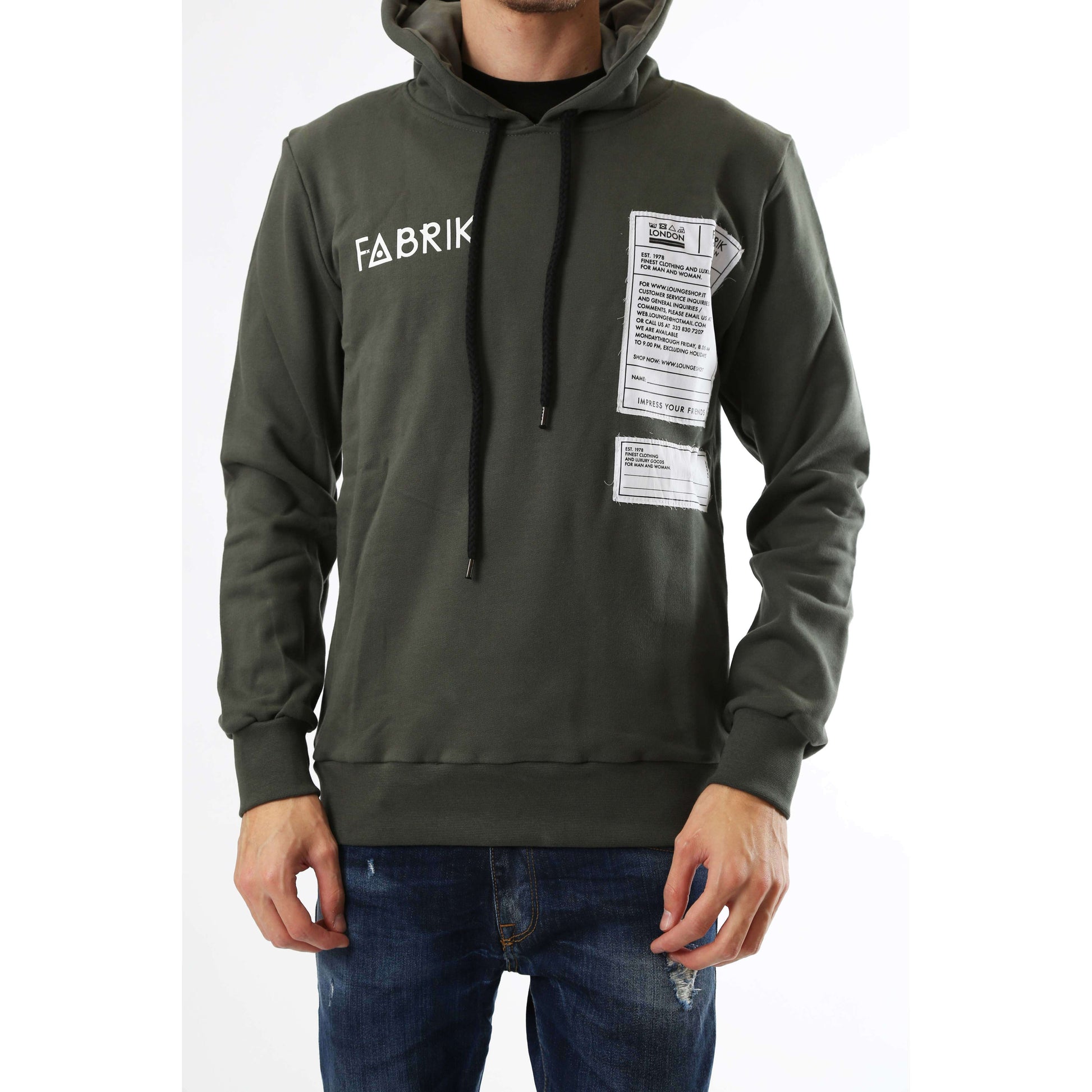 Fabrik London Uomo Felpa Manica Lunga Con Cappuccio e Toppe Sweatshirt Patchwork Green