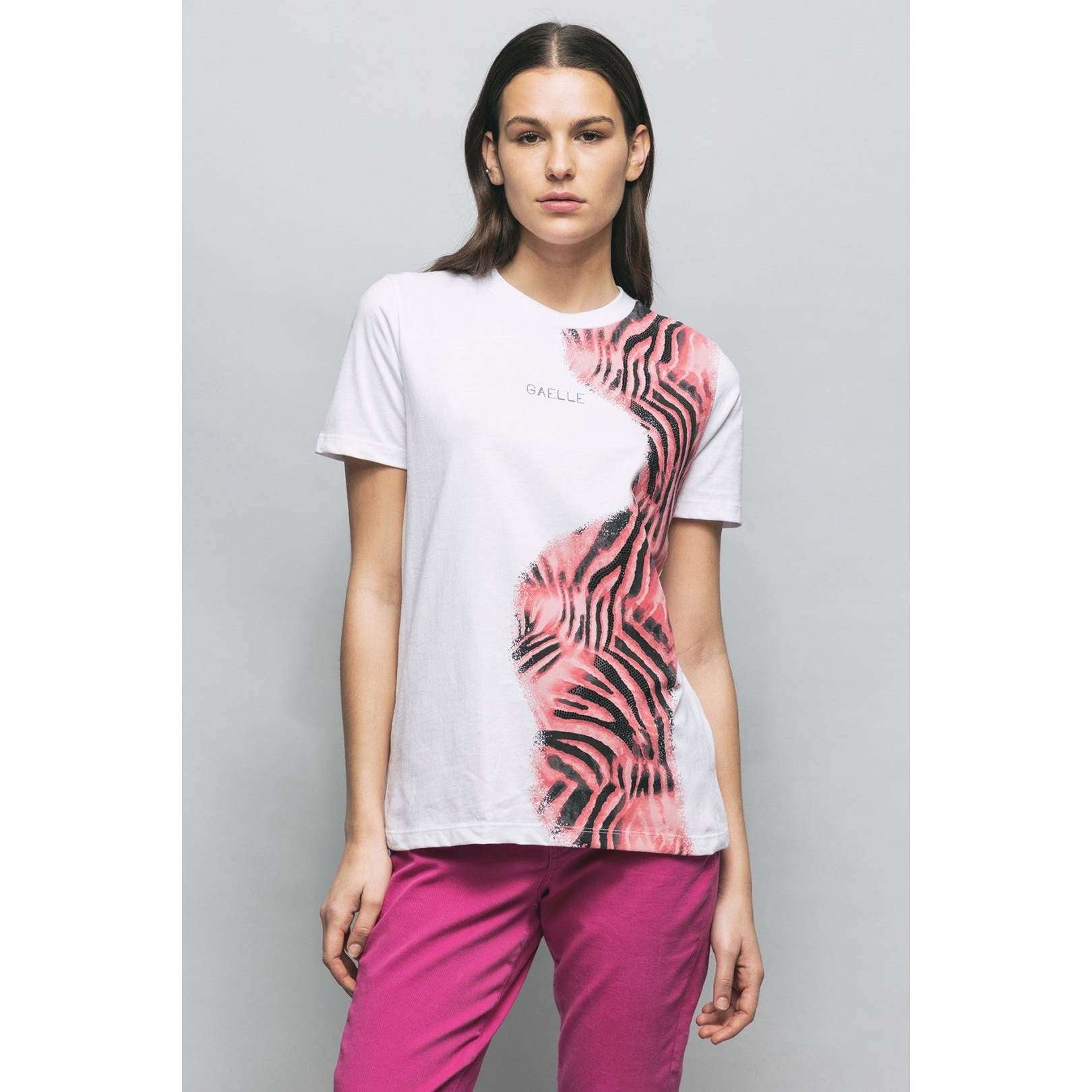 Gaelle Donna T-shirt Bianca con Stampa Rosa GBDP17070