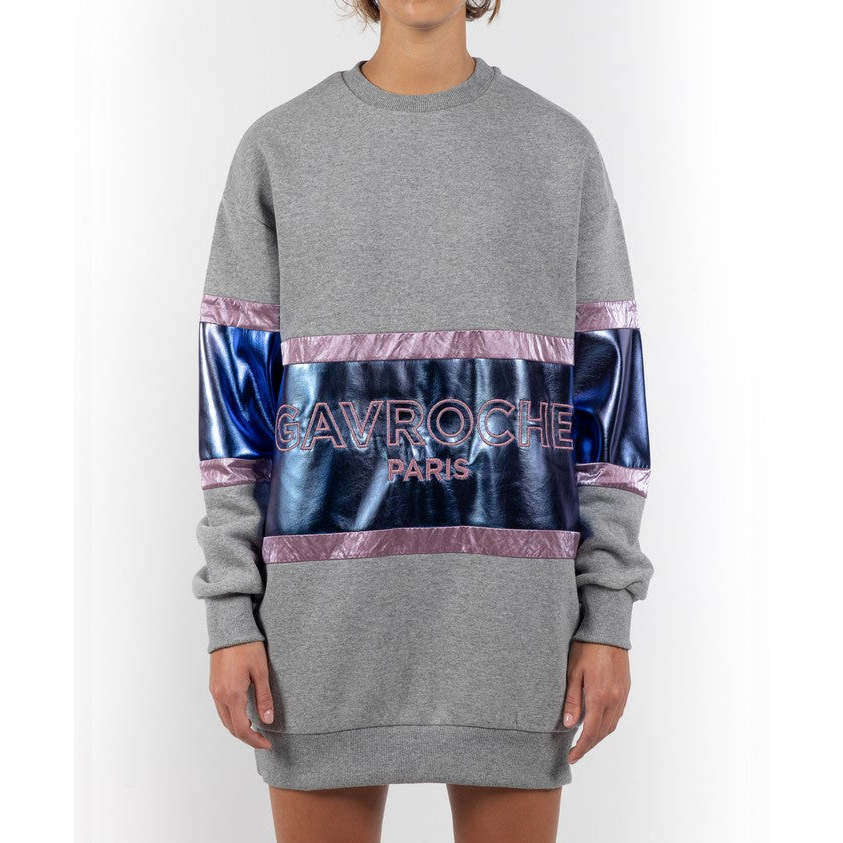 Gavroche Donna Felpa Abito Sweater Manica Lunga Logo Metallic Patchwork