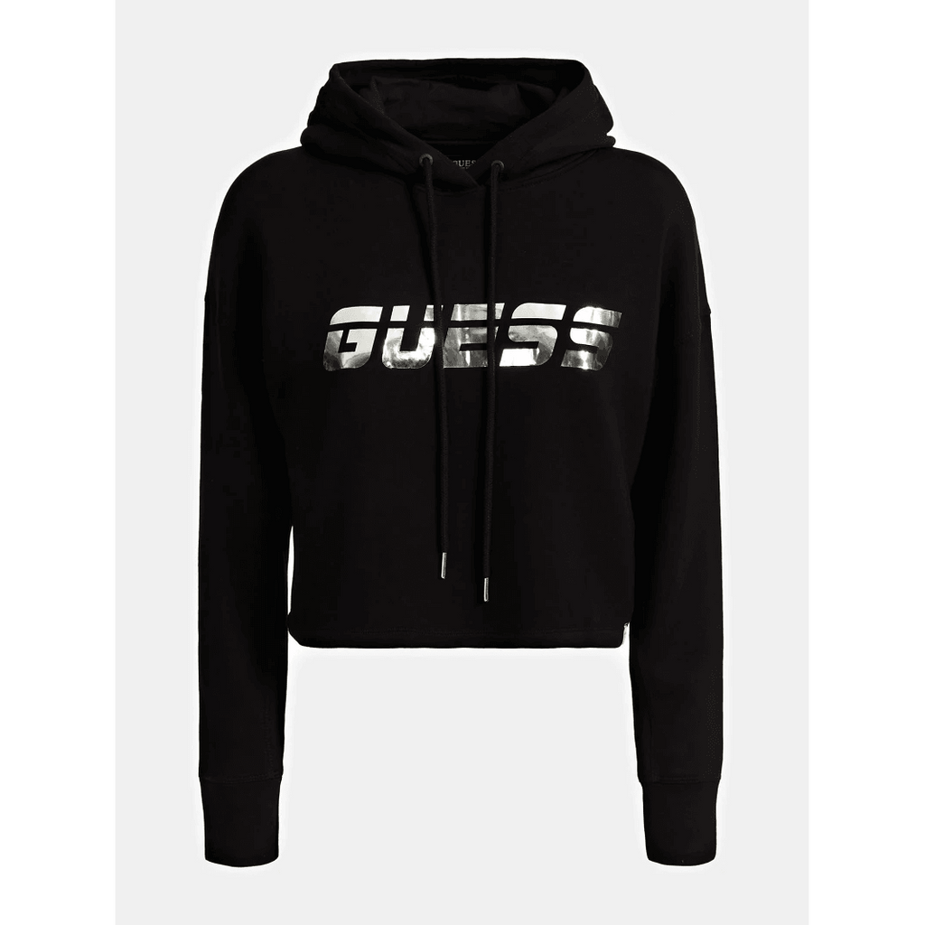 Guess Donna Felpa Sweatshirt Manica Lunga Con Cappuccio Logo Scuba Black