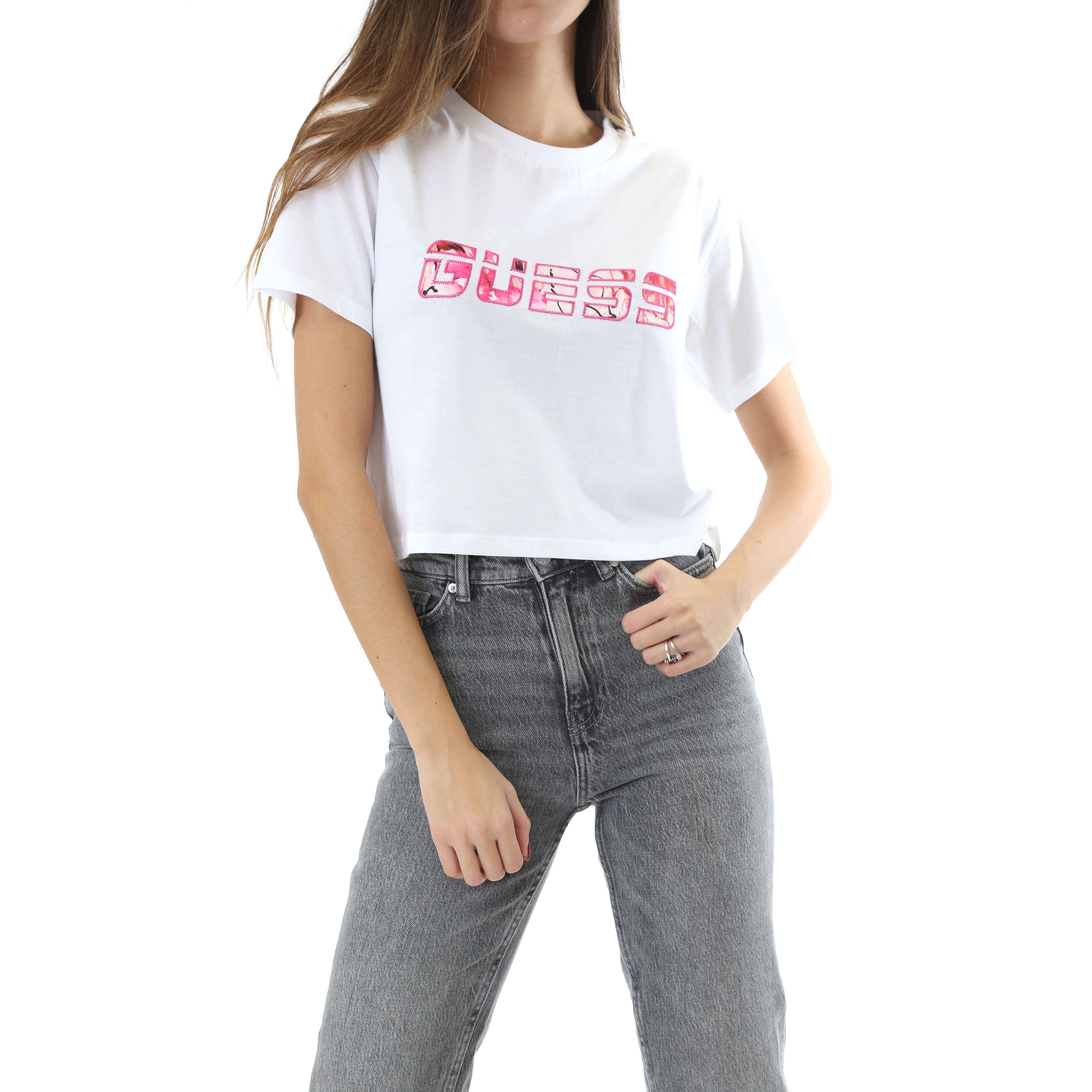 Guess Donna T-Shirt Manica Corta Logo Frontale Pink
