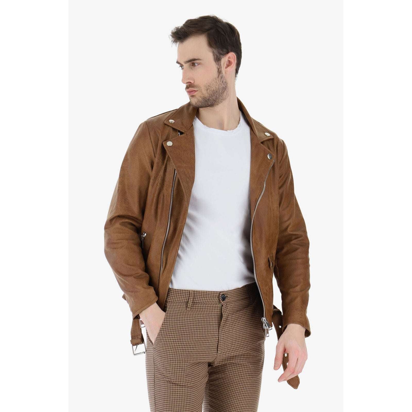 Imperial Uomo Giubbotto Biker Jacket Chiodo Eco Pelle Camel