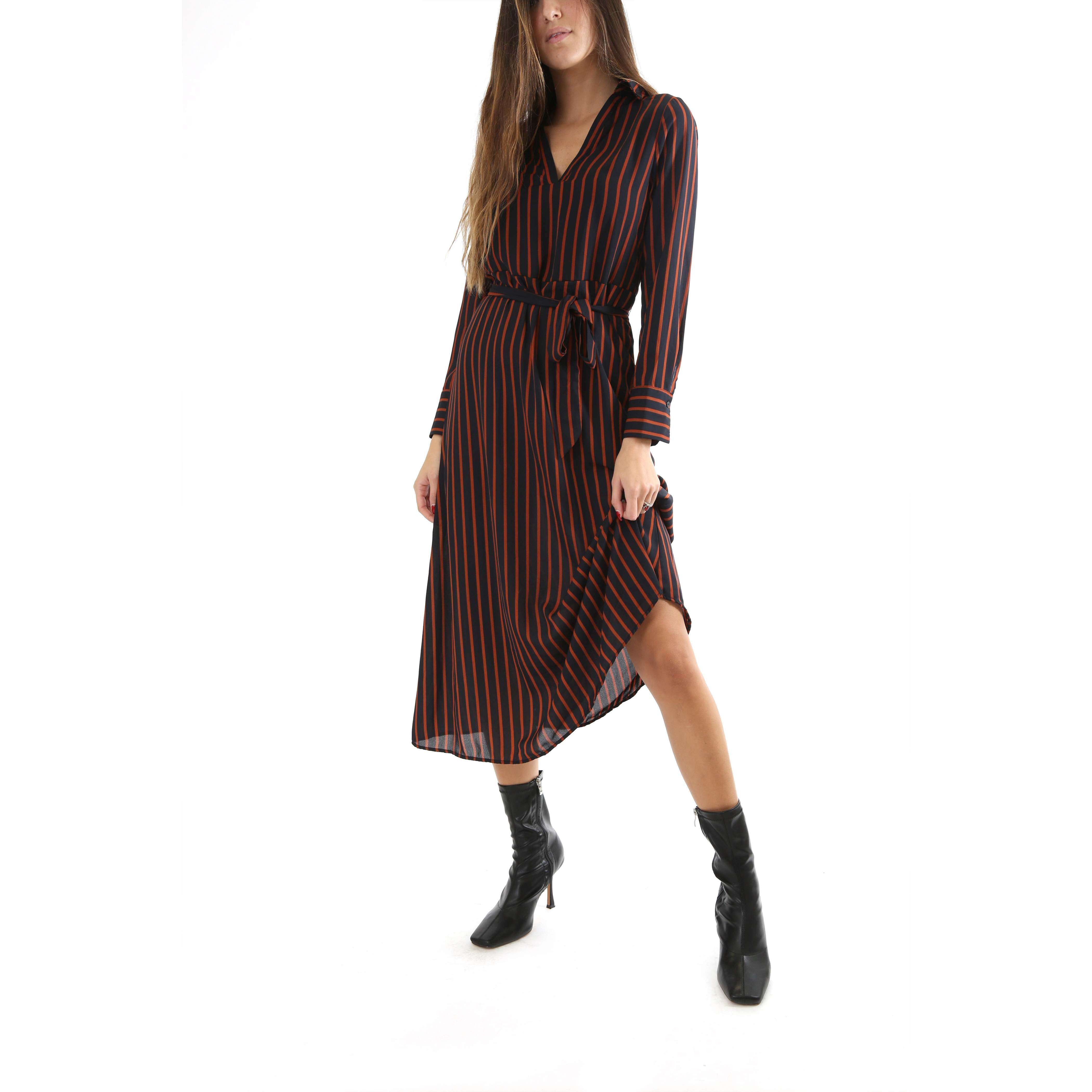 Only Donna Abito Chemisier Con Cintura Manica Lunga Striped Belted Petunia Navy