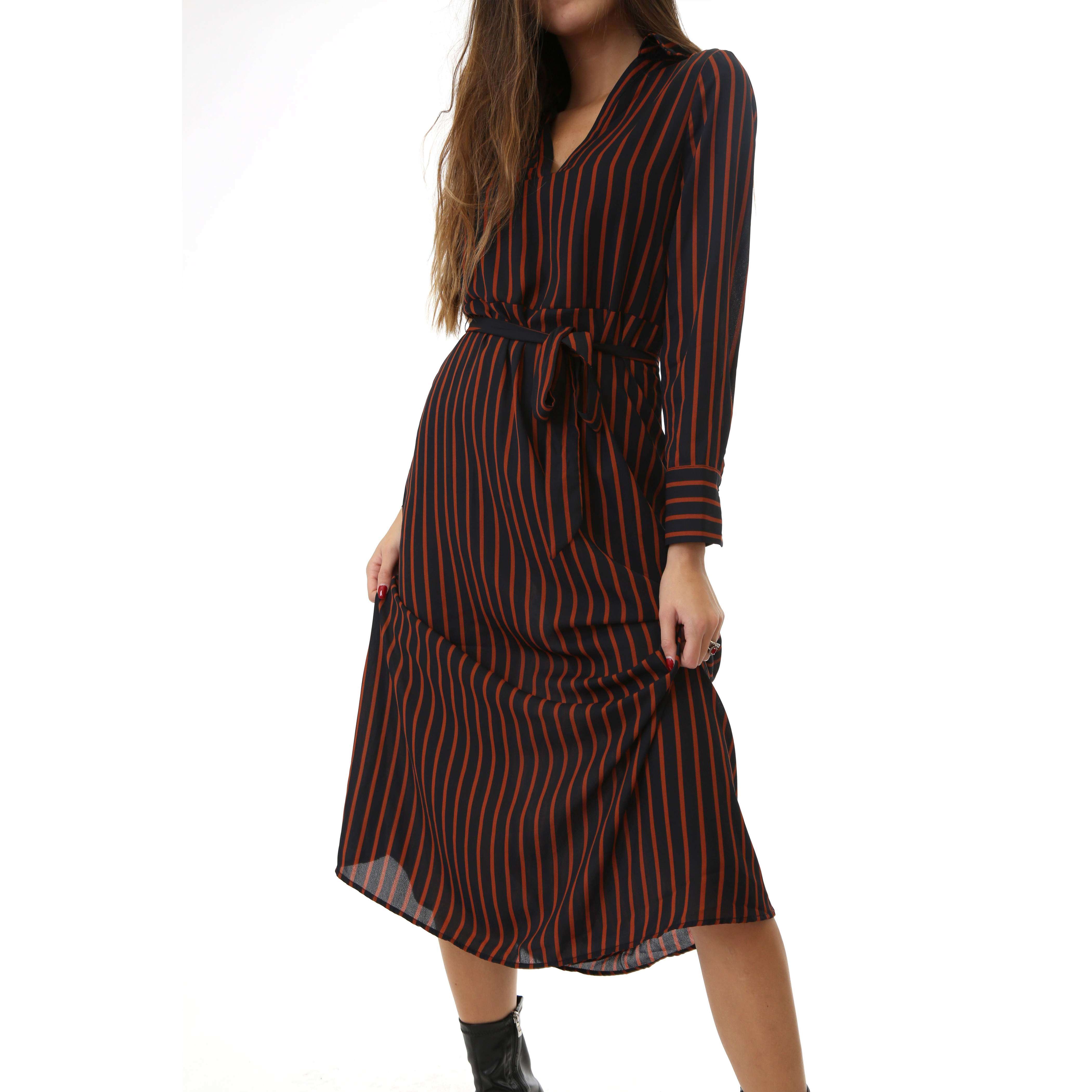 Only Donna Abito Chemisier Con Cintura Manica Lunga Striped Belted Petunia Navy