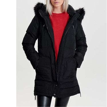Only Donna Piumino Imbottito Puff Jacket Con Cappuccio In Pelliccetta Eco Faux Fur Black