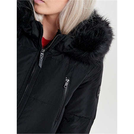 Only Donna Piumino Imbottito Puff Jacket Con Cappuccio In Pelliccetta Eco Faux Fur Black